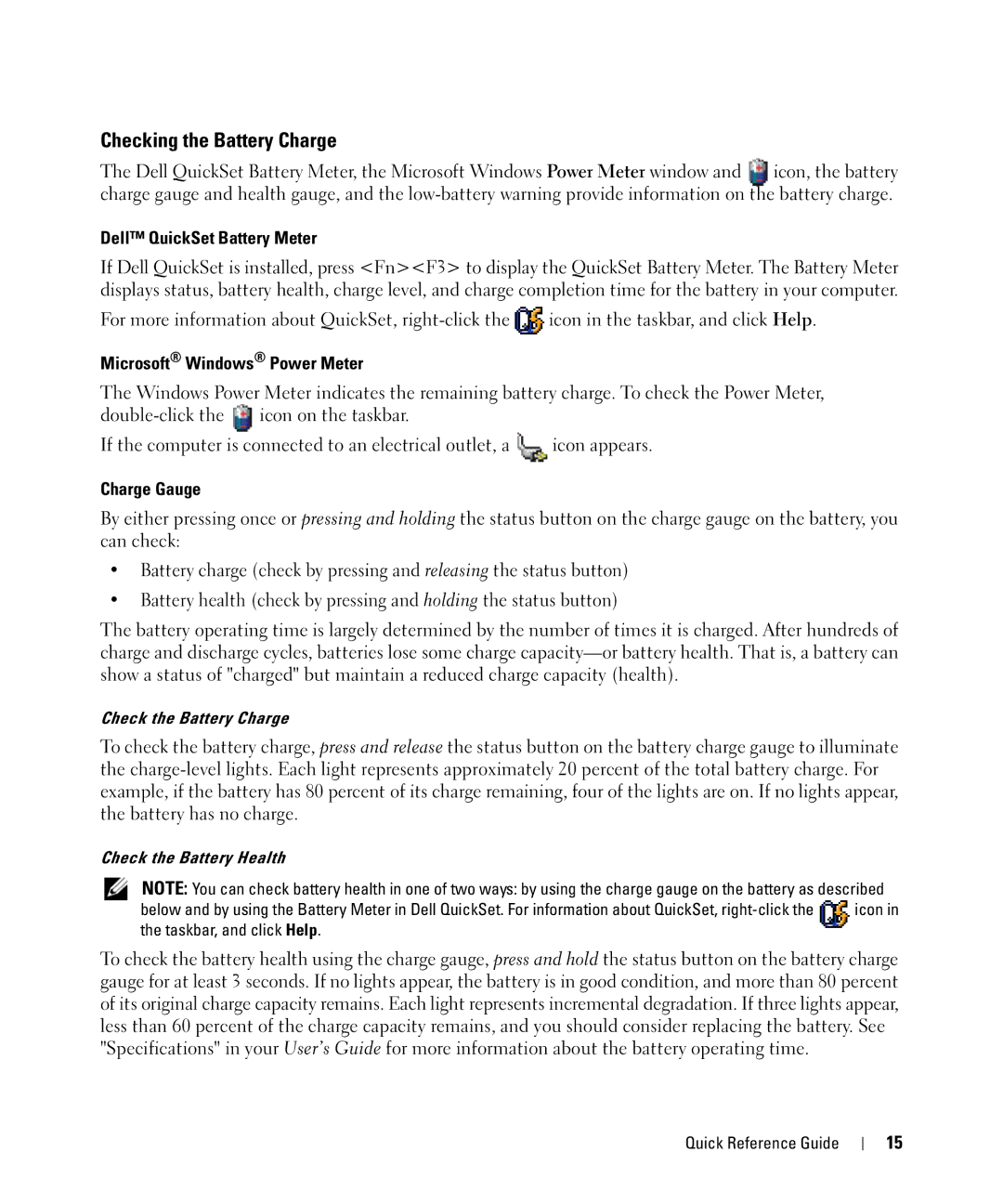 Dell D420 manual Checking the Battery Charge, Dell QuickSet Battery Meter, Microsoft Windows Power Meter, Charge Gauge 