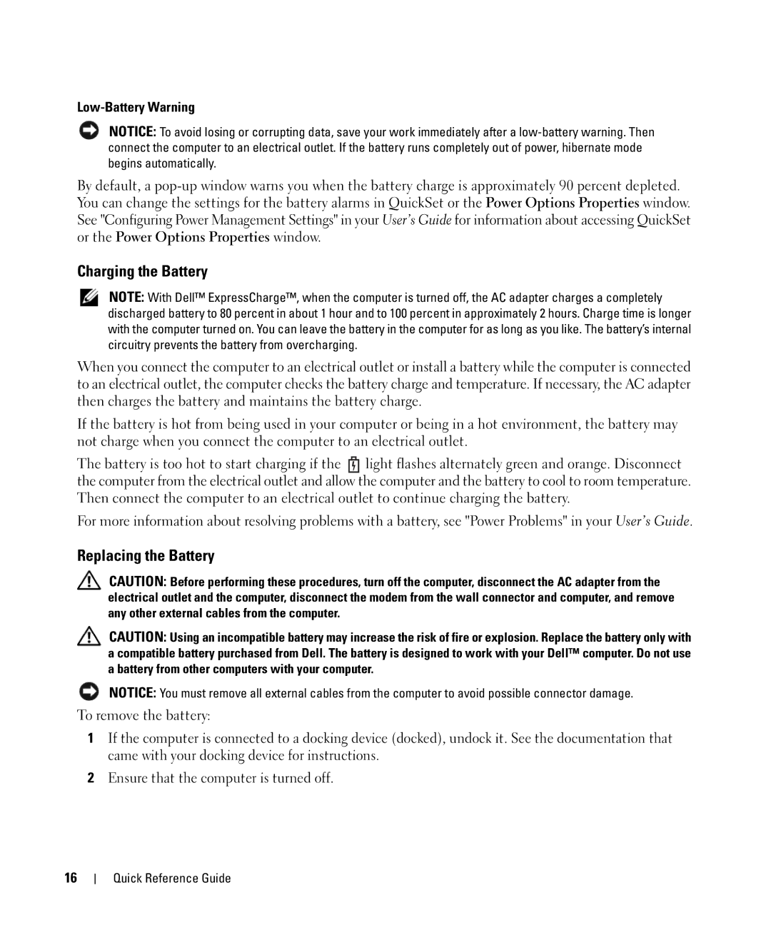 Dell D420 manual Charging the Battery, Replacing the Battery, Low-Battery Warning 