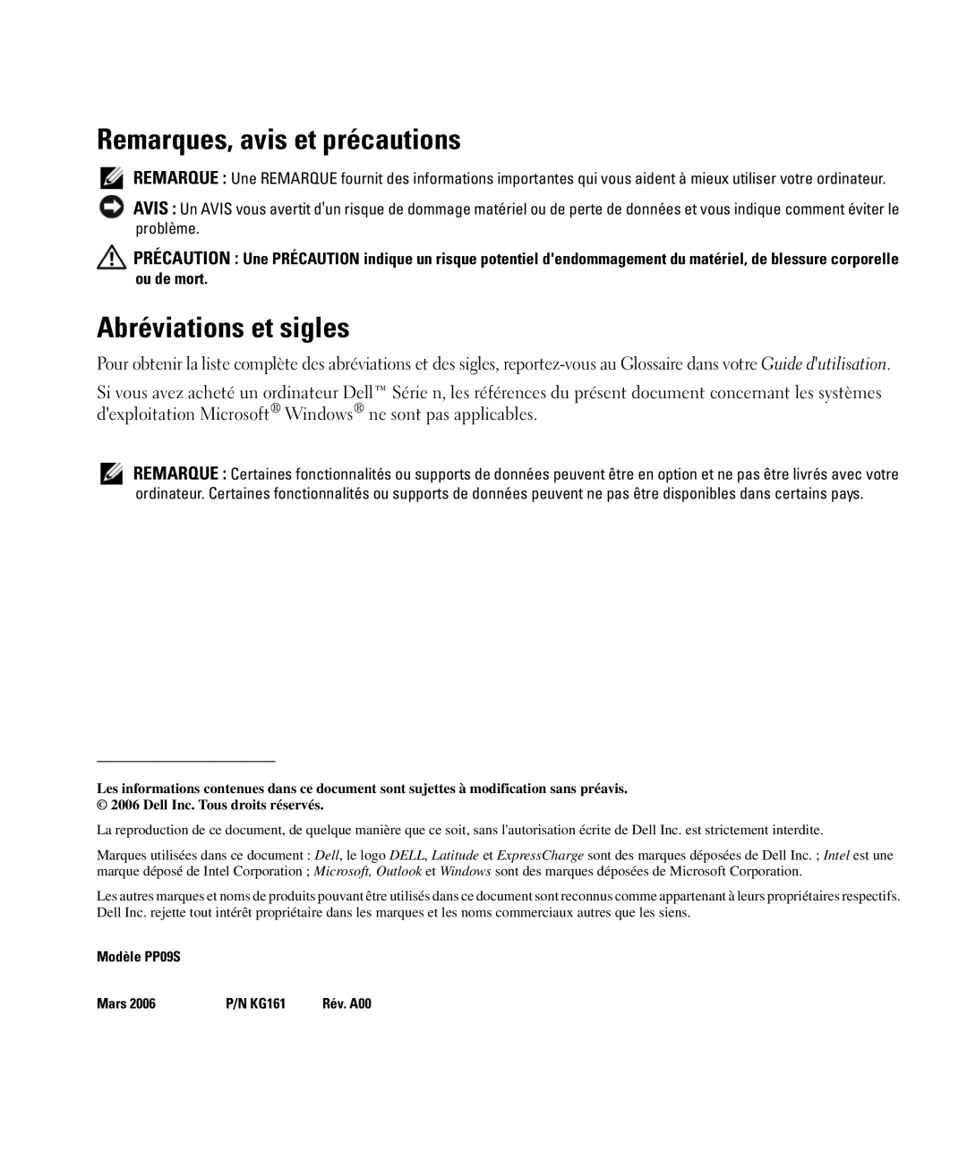 Dell D420 manual Remarques, avis et précautions, Abréviations et sigles 