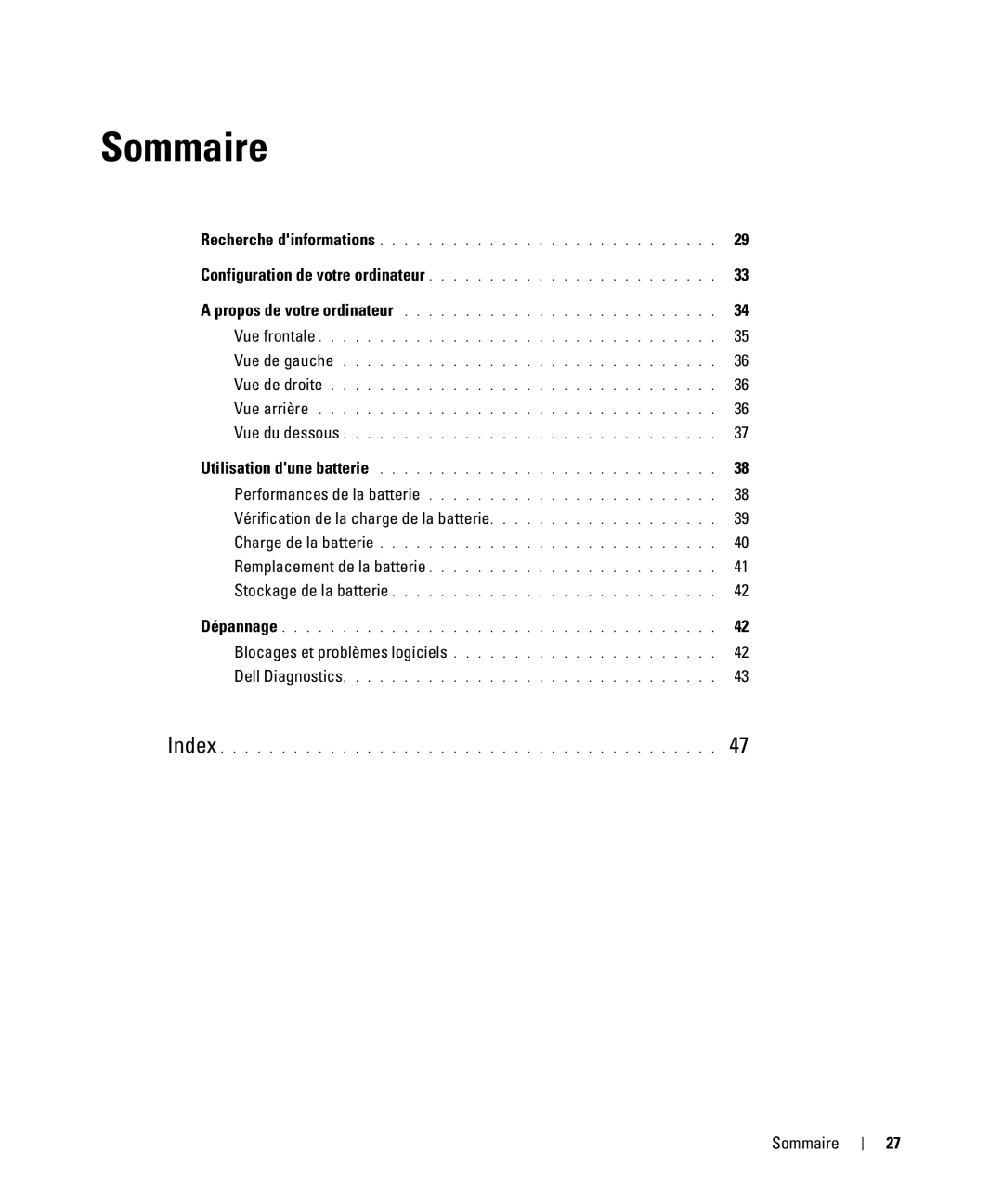 Dell D420 manual Vérification de la charge de la batterie, Sommaire 