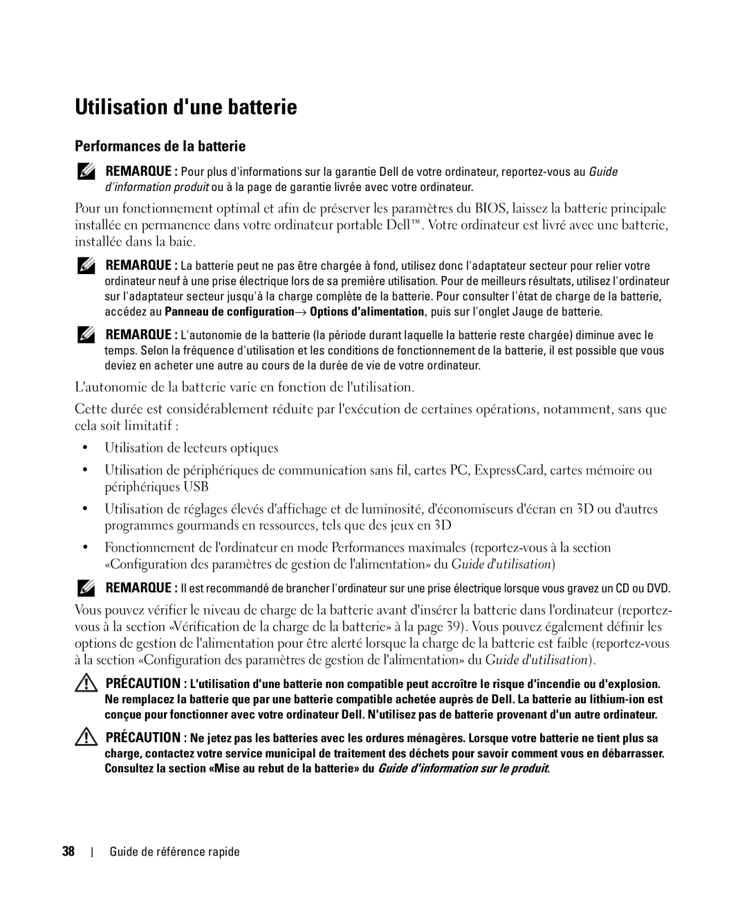 Dell D420 manual Utilisation dune batterie, Performances de la batterie 