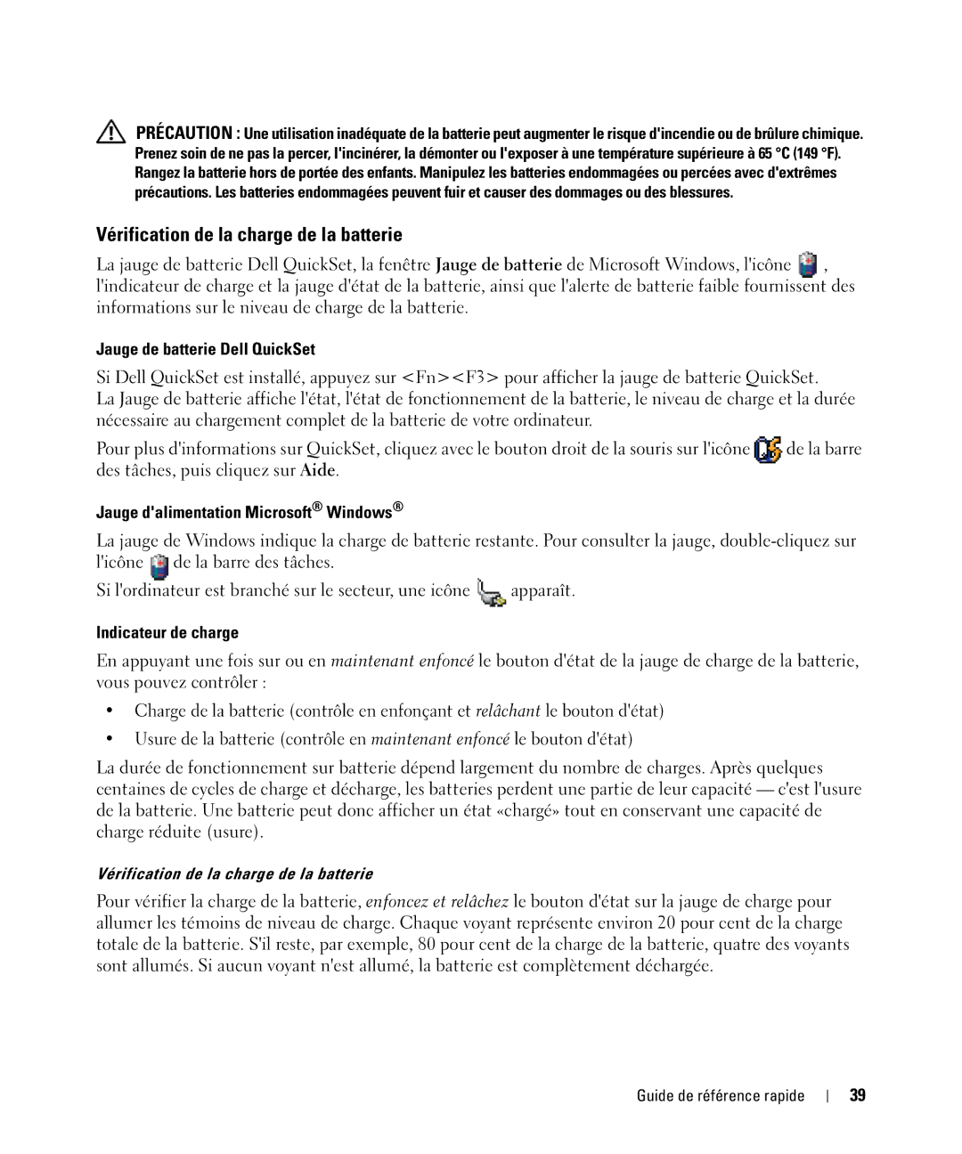 Dell D420 Vérification de la charge de la batterie, Jauge de batterie Dell QuickSet, Jauge dalimentation Microsoft Windows 