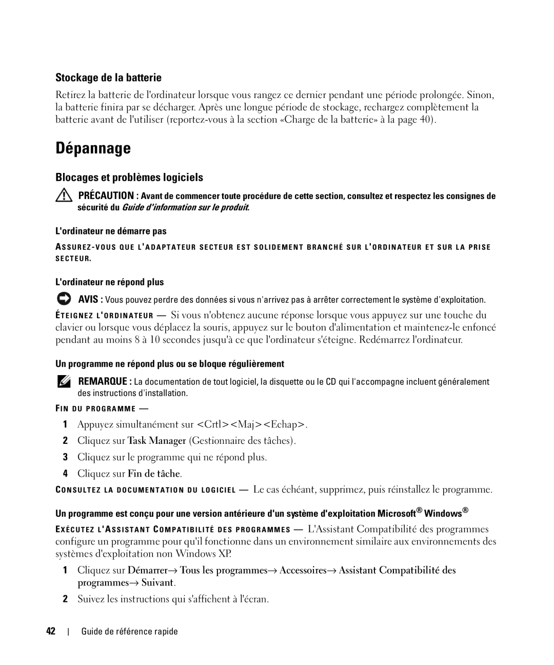 Dell D420 manual Dépannage, Stockage de la batterie, Blocages et problèmes logiciels 