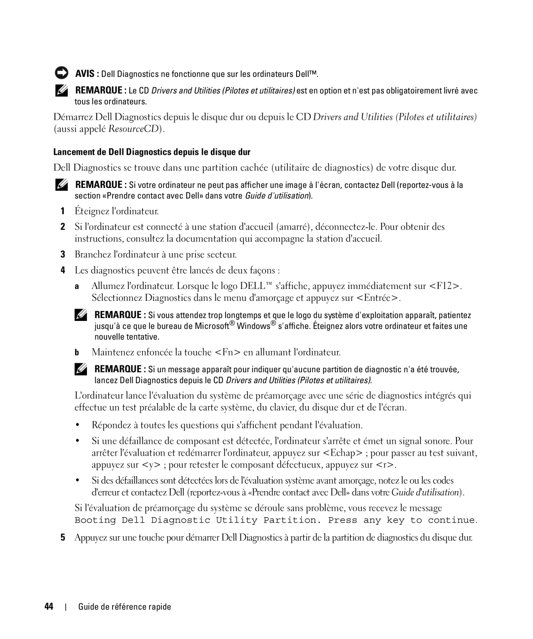 Dell D420 Lancement de Dell Diagnostics depuis le disque dur, Maintenez enfoncée la touche Fn en allumant lordinateur 