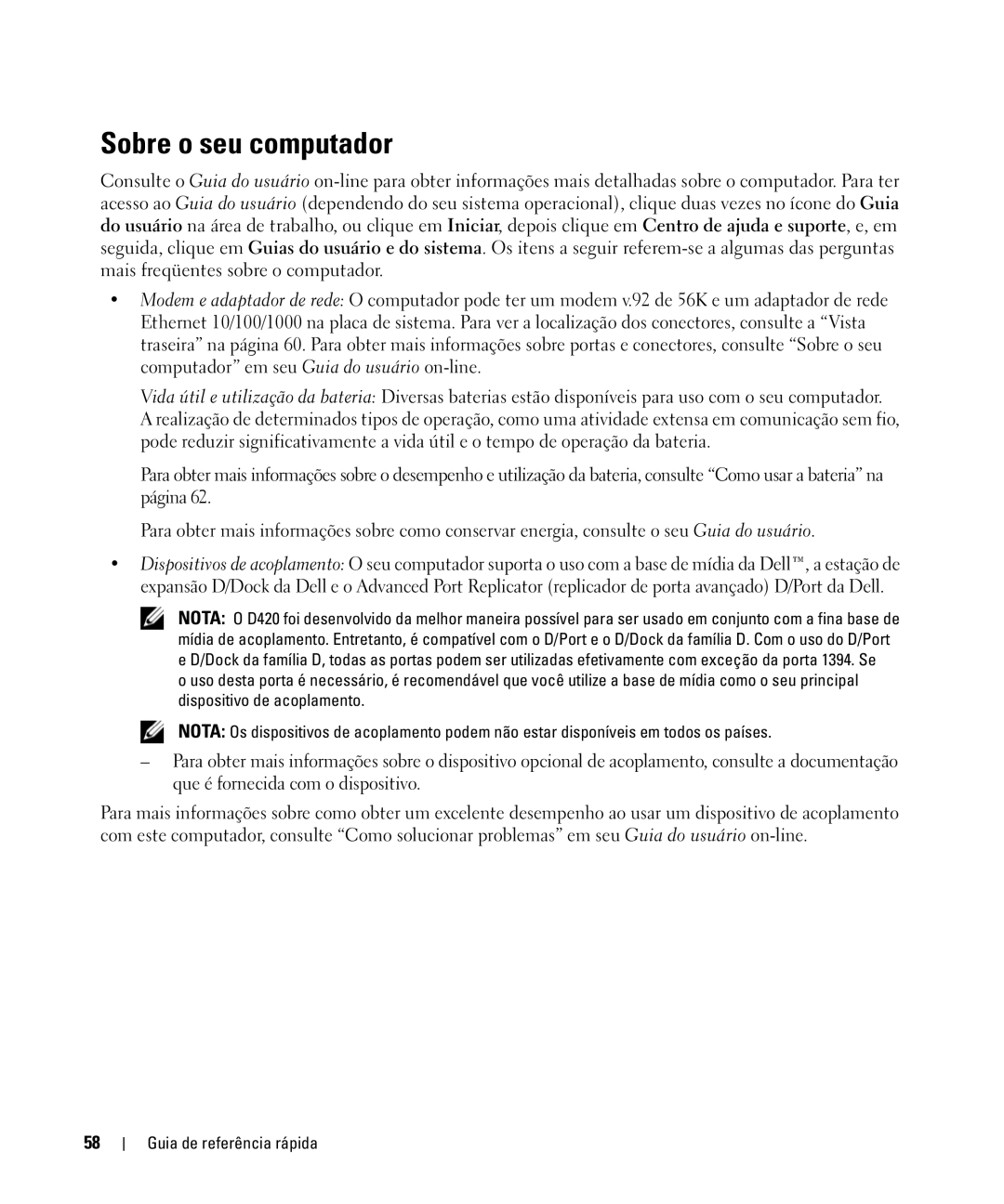 Dell D420 manual Sobre o seu computador 