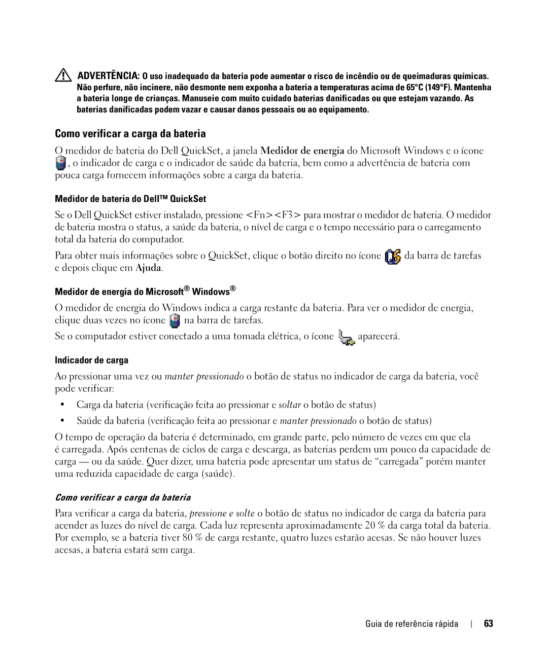 Dell D420 Como verificar a carga da bateria, Medidor de bateria do Dell QuickSet, Medidor de energia do Microsoft Windows 