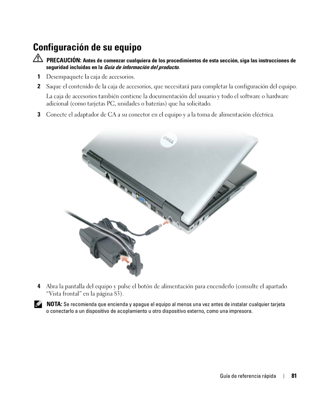 Dell D420 manual Configuración de su equipo 