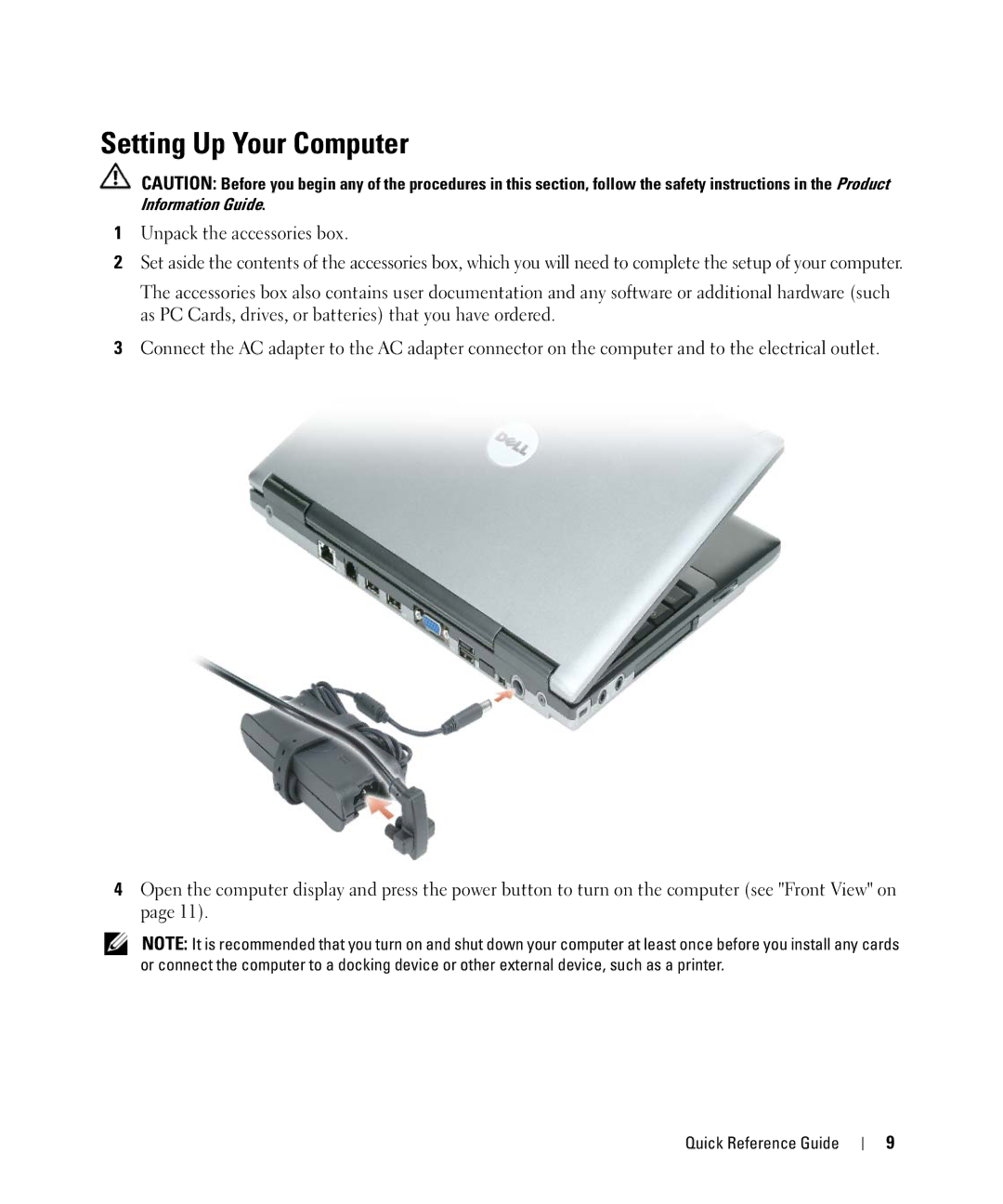 Dell D420 manual Setting Up Your Computer 