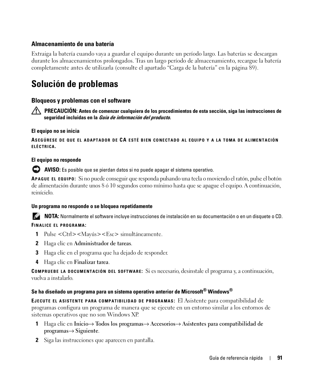 Dell D420 manual Solución de problemas, Almacenamiento de una batería, Bloqueos y problemas con el software 