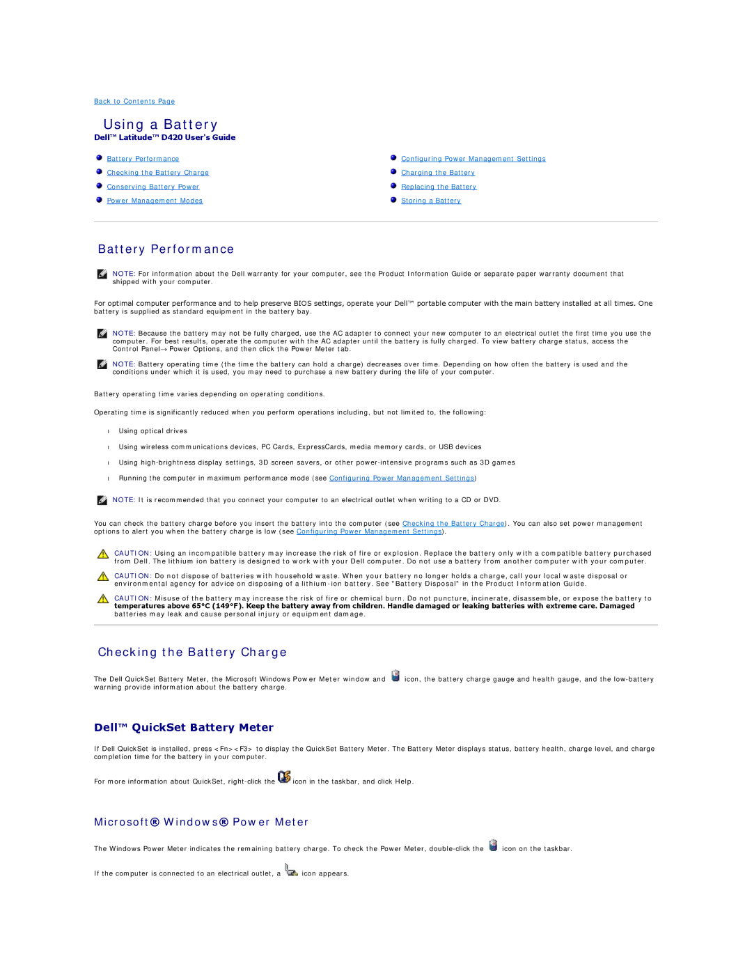 Dell D420 specifications Using a Battery, Battery Performance, Checking the Battery Charge, Dell QuickSet Battery Meter 