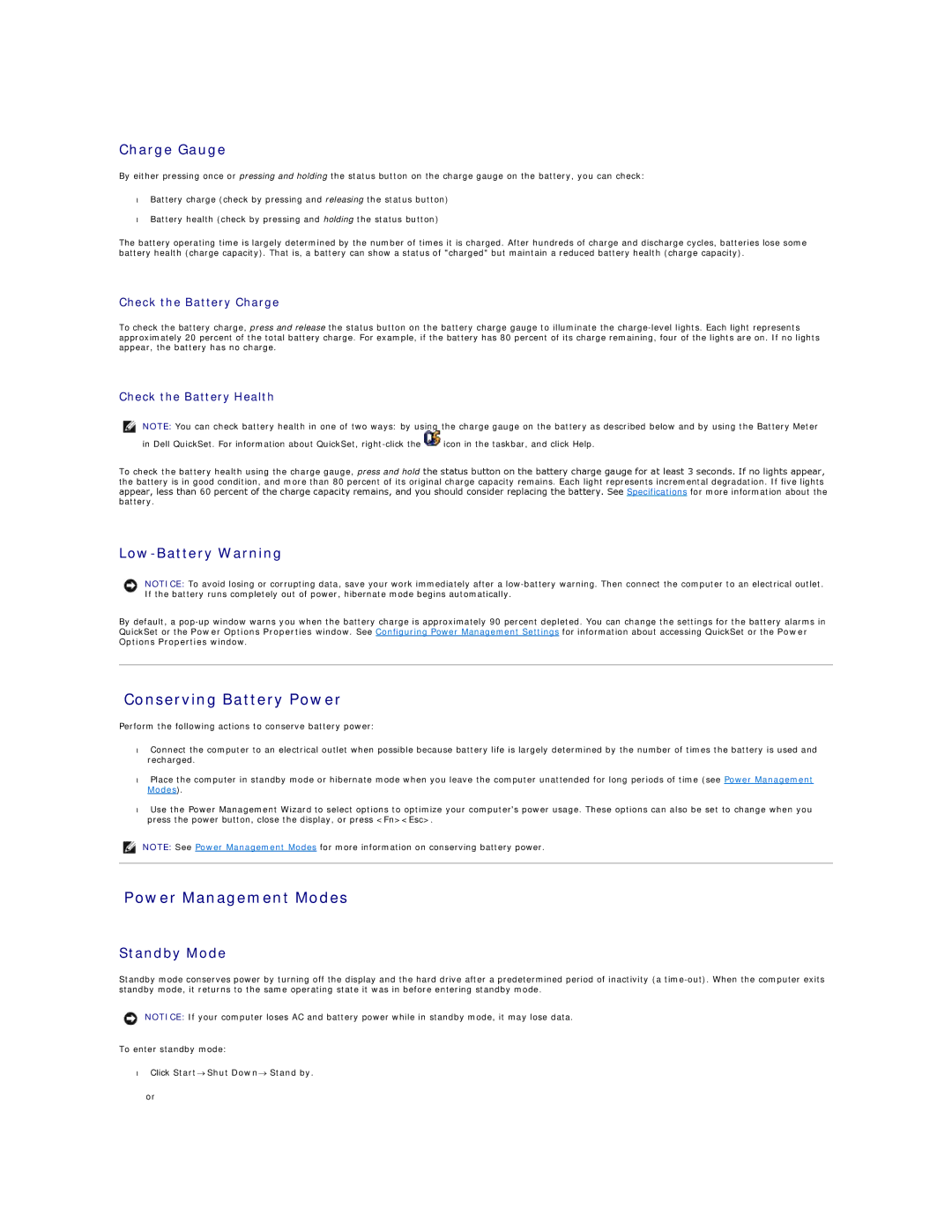 Dell D420 specifications Conserving Battery Power, Power Management Modes, Charge Gauge, Low-Battery Warning, Standby Mode 