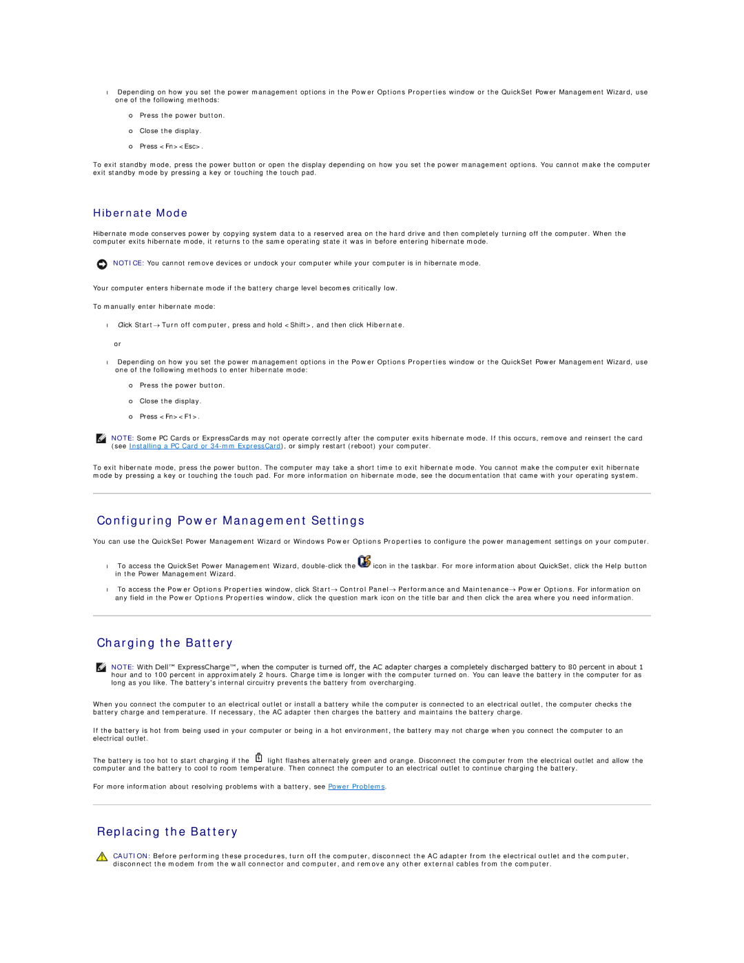 Dell D420 specifications Configuring Power Management Settings, Charging the Battery, Replacing the Battery, Hibernate Mode 