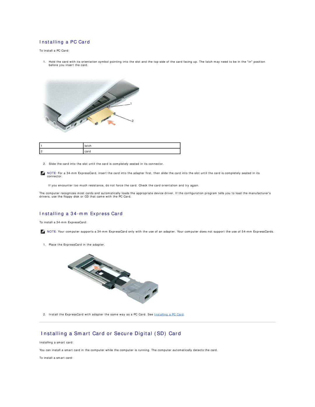 Dell D420 Installing a Smart Card or Secure Digital SD Card, Installing a PC Card, Installing a 34-mm Express Card 