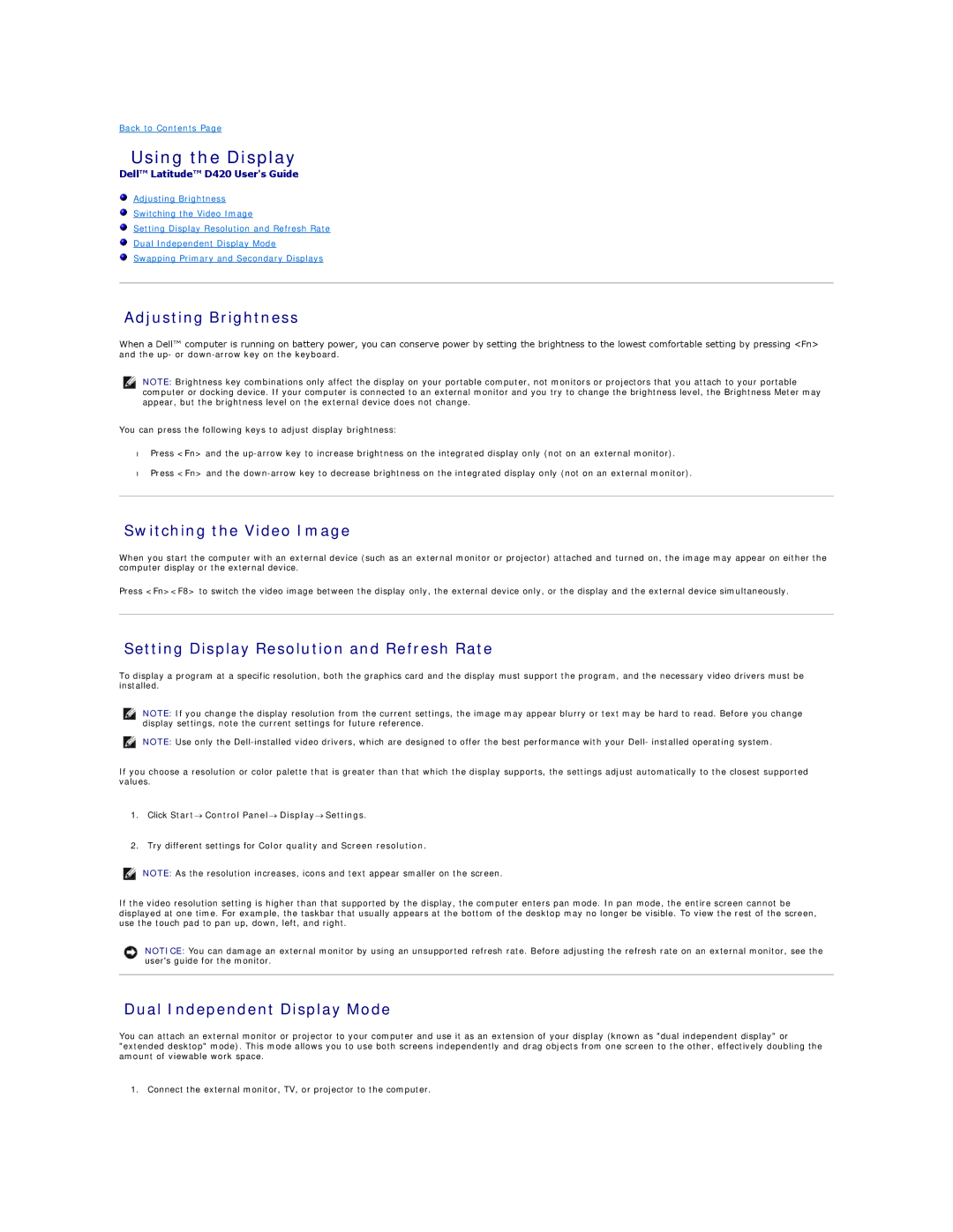 Dell D420 Using the Display, Adjusting Brightness, Switching the Video Image, Setting Display Resolution and Refresh Rate 