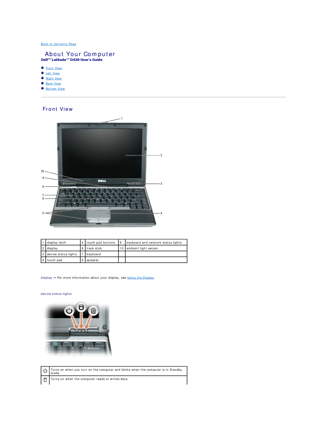 Dell D420 specifications About Your Computer, Front View, Device status lights 