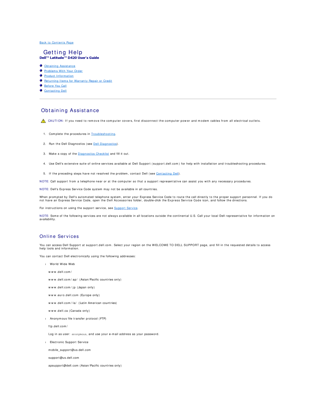 Dell D420 specifications Getting Help, Obtaining Assistance, Online Services, Ftp.dell.com 