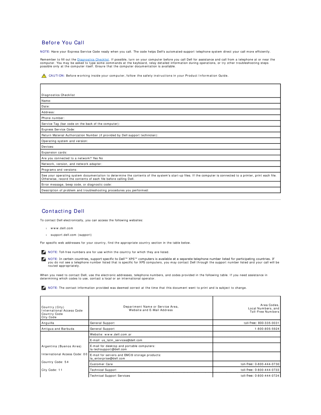 Dell D420 Before You Call, Contacting Dell, Diagnostics Checklist, Antigua and Barbuda, Argentina Buenos Aires 