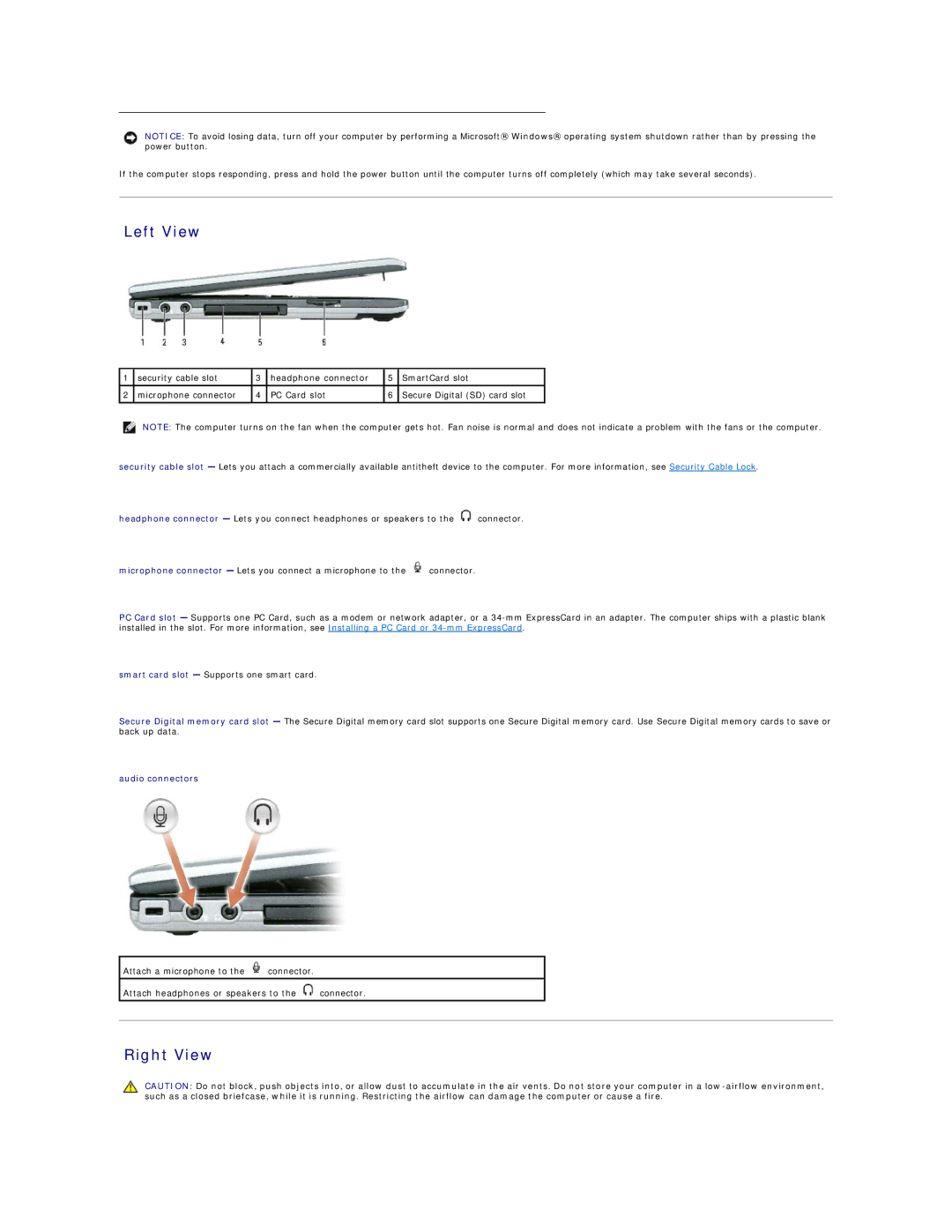 Dell D420 specifications Left View, Right View, Audio connectors 