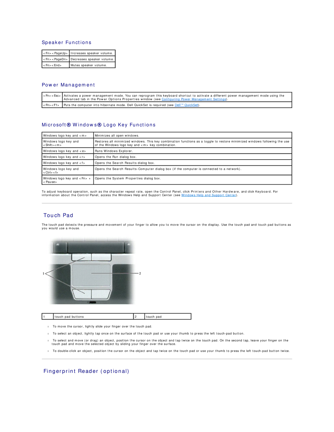 Dell D420 specifications Touch Pad, Fingerprint Reader optional, Speaker Functions, Power Management 