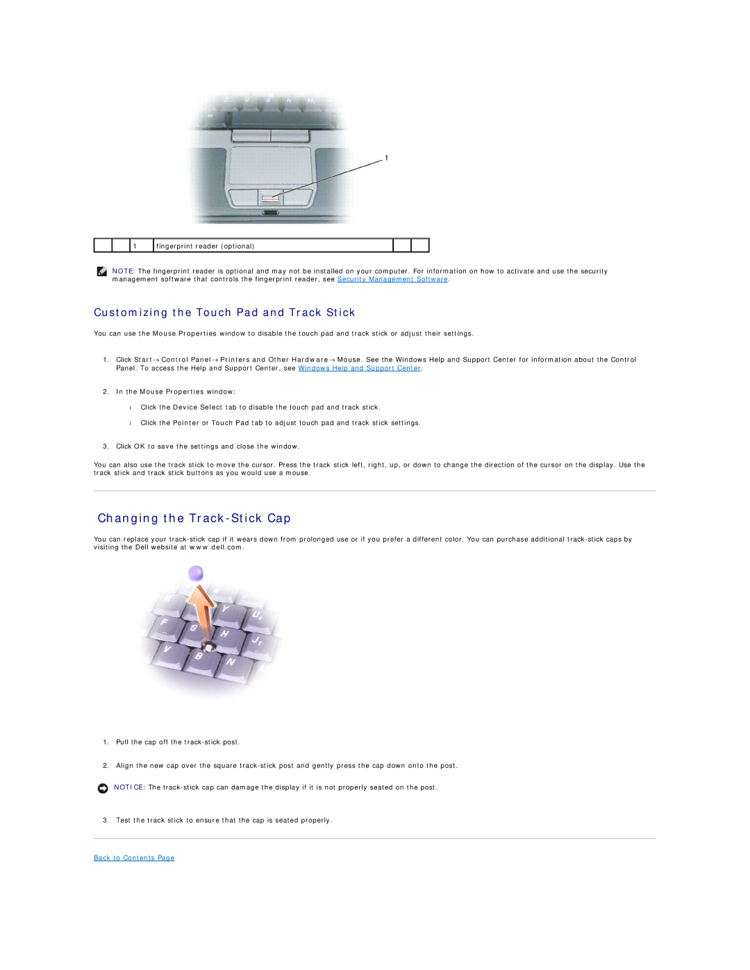 Dell D420 specifications Changing the Track-Stick Cap, Customizing the Touch Pad and Track Stick, Mouse Properties window 