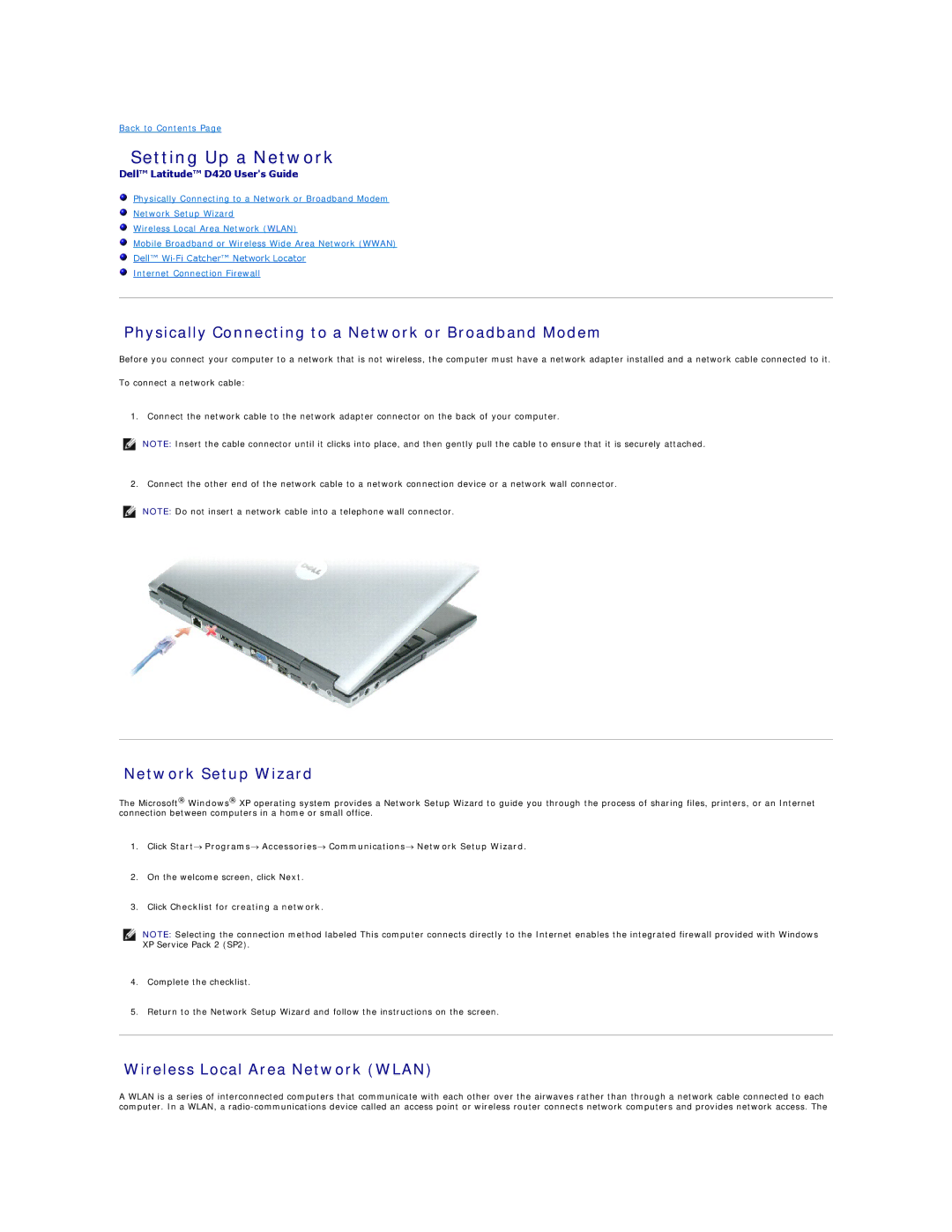 Dell D420 specifications Setting Up a Network, Physically Connecting to a Network or Broadband Modem, Network Setup Wizard 