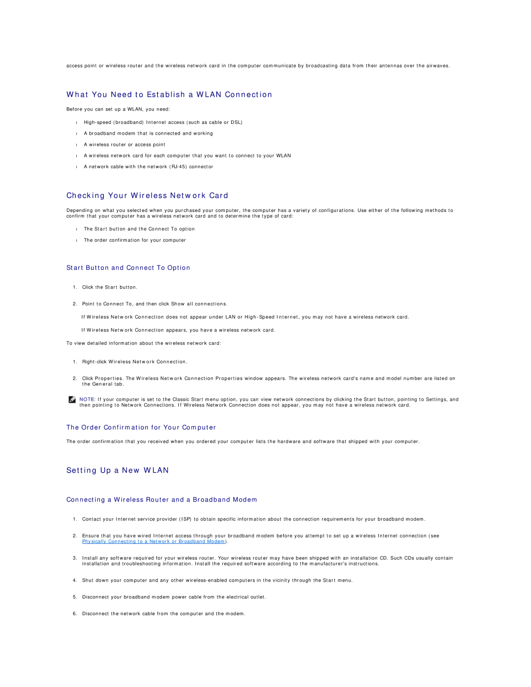 Dell D420 What You Need to Establish a Wlan Connection, Checking Your Wireless Network Card, Setting Up a New Wlan 