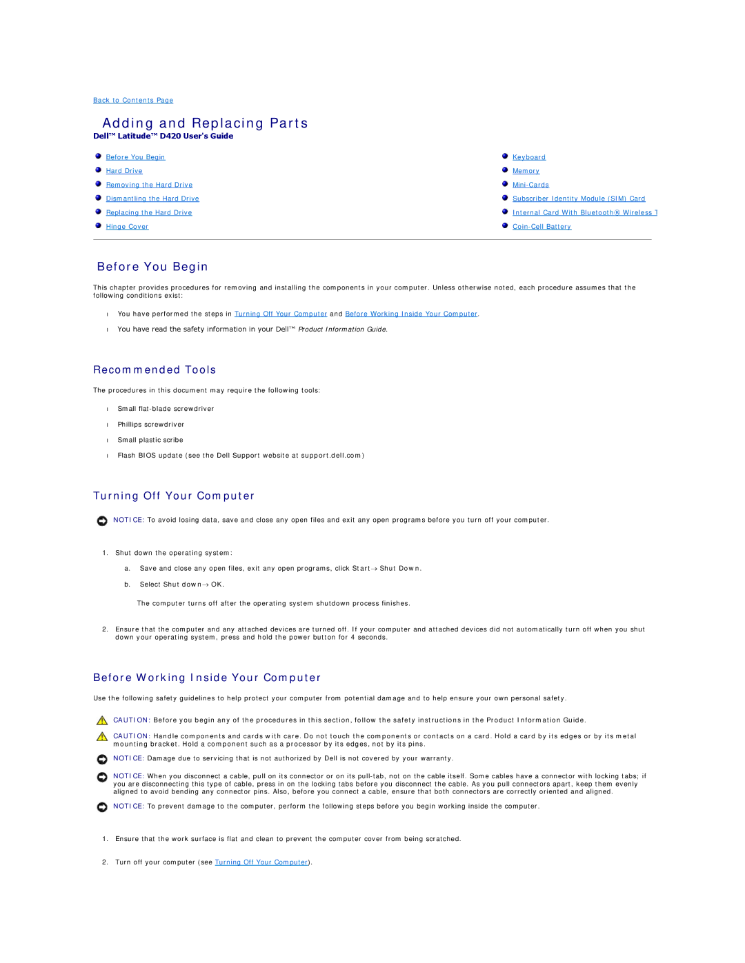 Dell D420 specifications Adding and Replacing Parts, Before You Begin, Recommended Tools, Turning Off Your Computer 