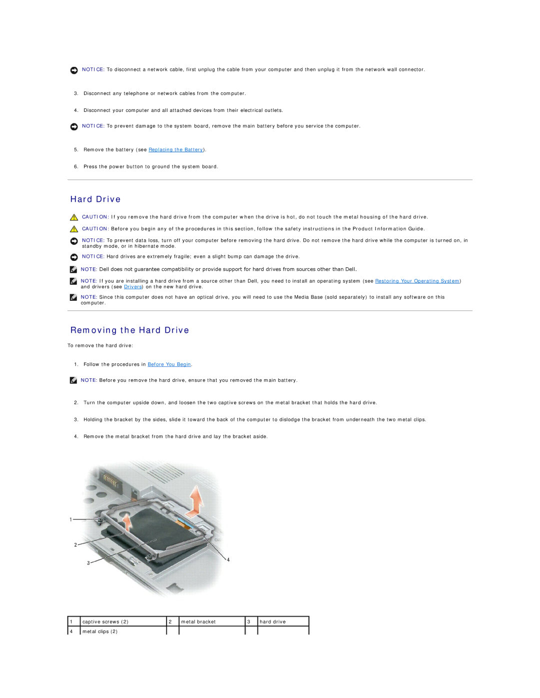 Dell D420 specifications Hard Drive Removing the Hard Drive 