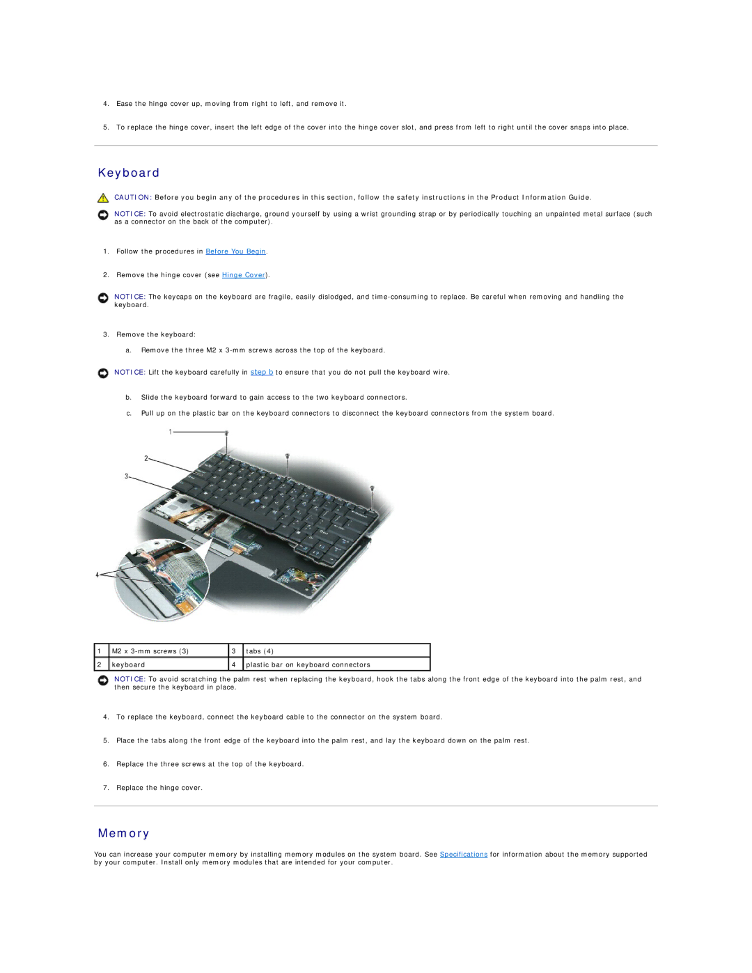 Dell D420 specifications Keyboard, Memory 