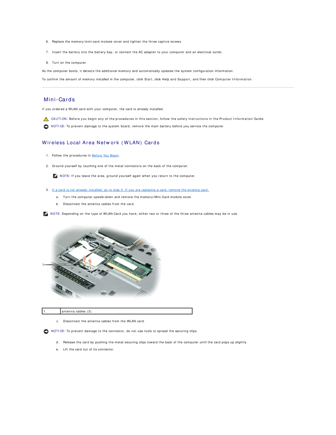 Dell D420 specifications Mini-Cards, Wireless Local Area Network Wlan Cards 