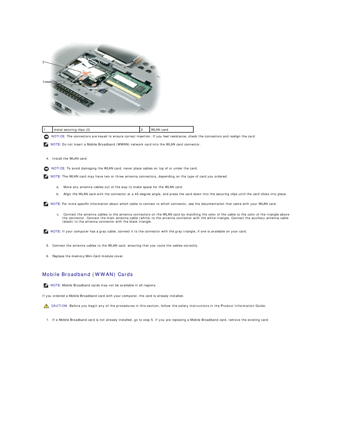 Dell D420 specifications Mobile Broadband Wwan Cards 