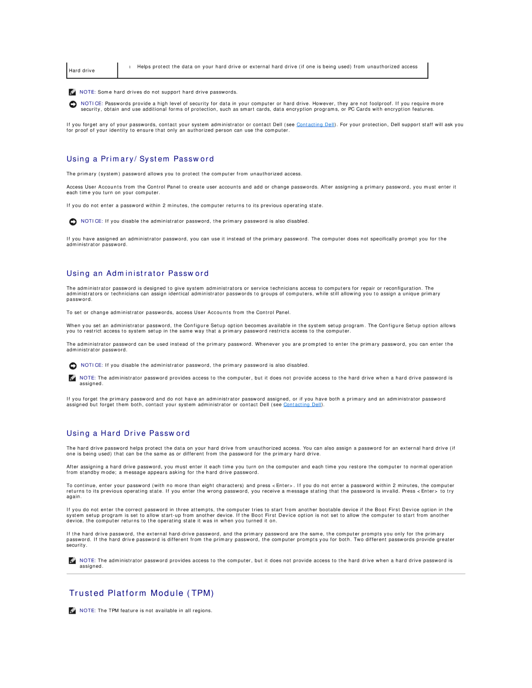 Dell D420 specifications Trusted Platform Module TPM, Using a Primary/System Password, Using an Administrator Password 