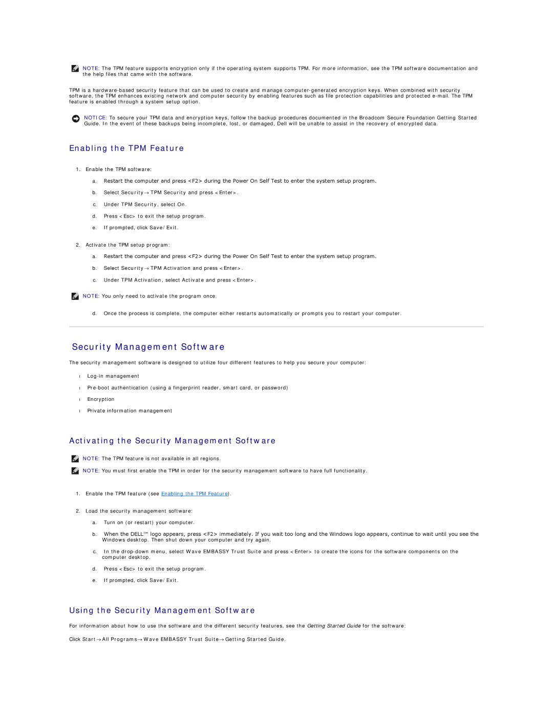 Dell D420 specifications Enabling the TPM Feature, Activating the Security Management Software 