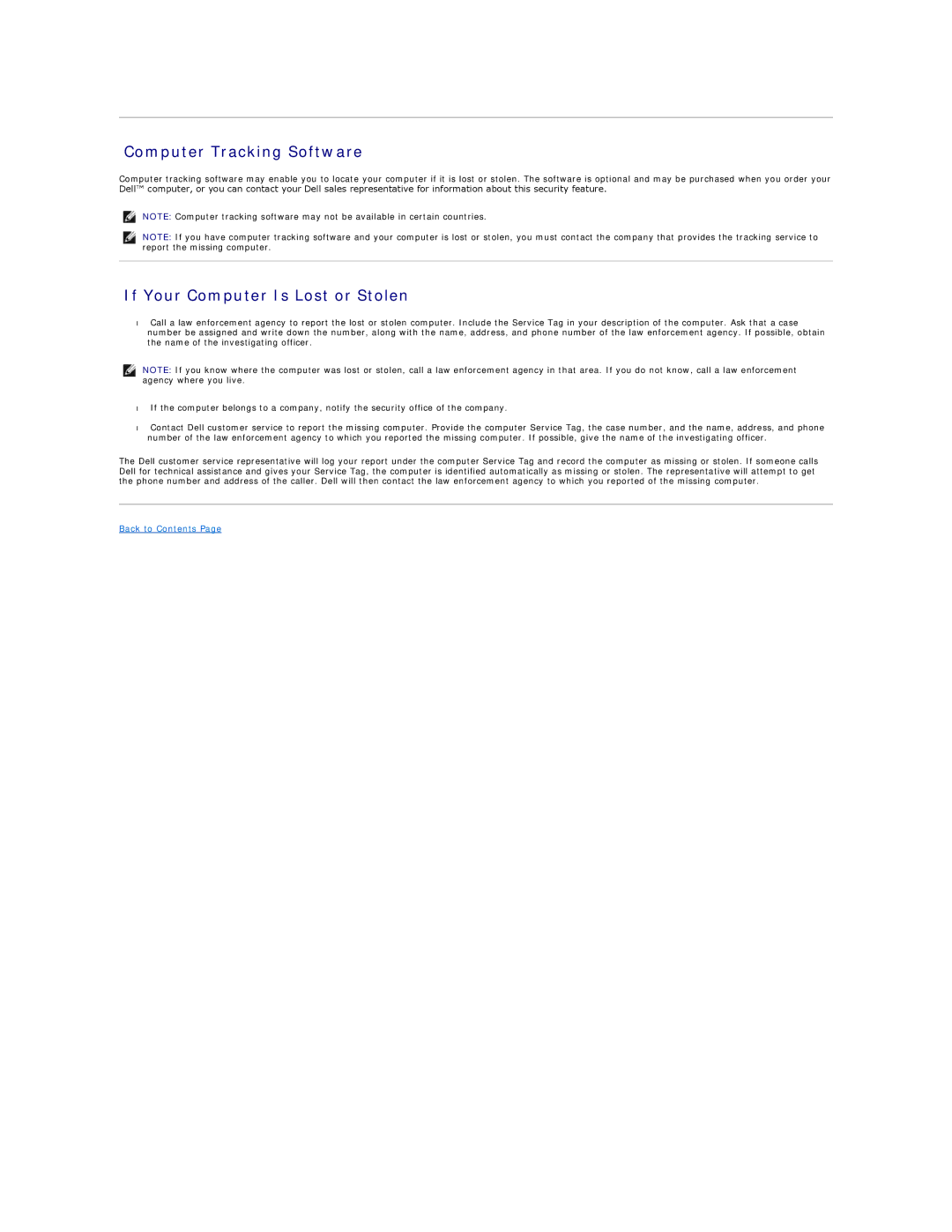 Dell D420 specifications Computer Tracking Software, If Your Computer Is Lost or Stolen 