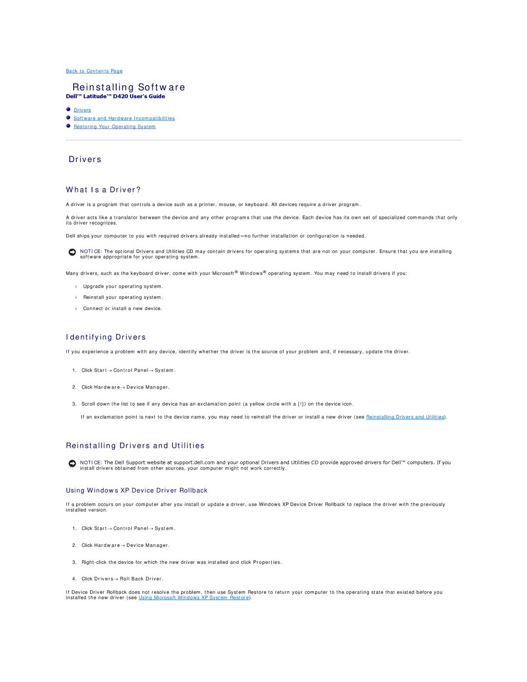 Dell D420 Reinstalling Software, What Is a Driver?, Identifying Drivers, Reinstalling Drivers and Utilities 