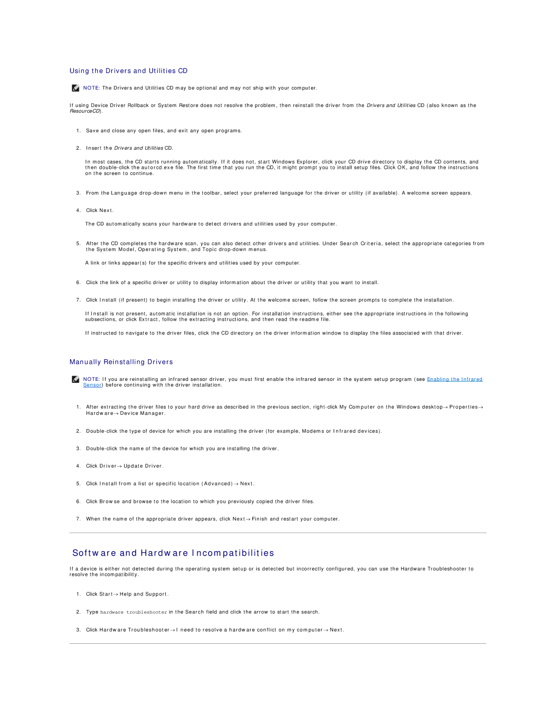 Dell D420 Software and Hardware Incompatibilities, Using the Drivers and Utilities CD, Manually Reinstalling Drivers 