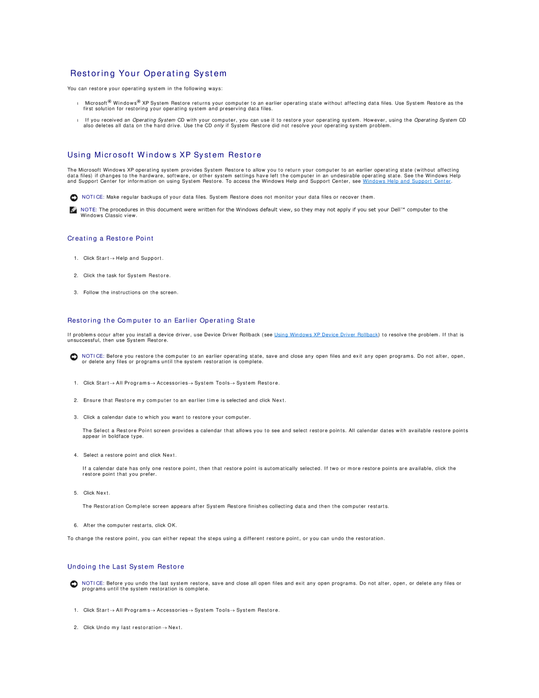 Dell D420 Restoring Your Operating System, Using Microsoft Windows XP System Restore, Creating a Restore Point 