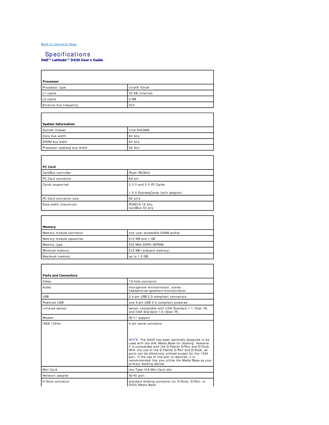 Dell D420 specifications Specifications 