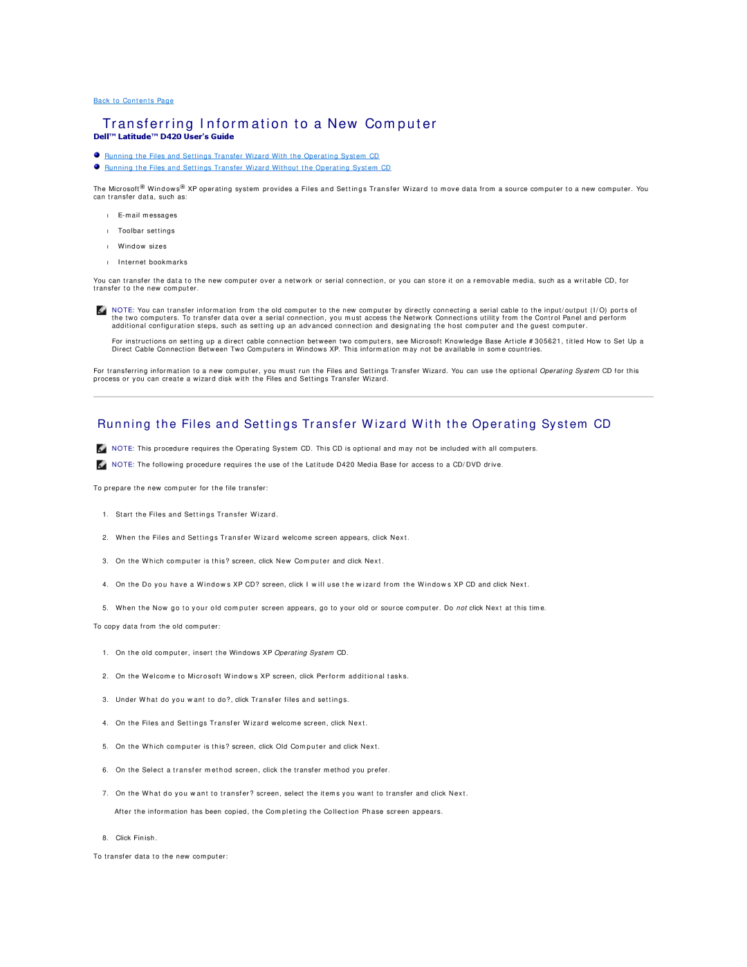 Dell D420 specifications Transferring Information to a New Computer, Start the Files and Settings Transfer Wizard 