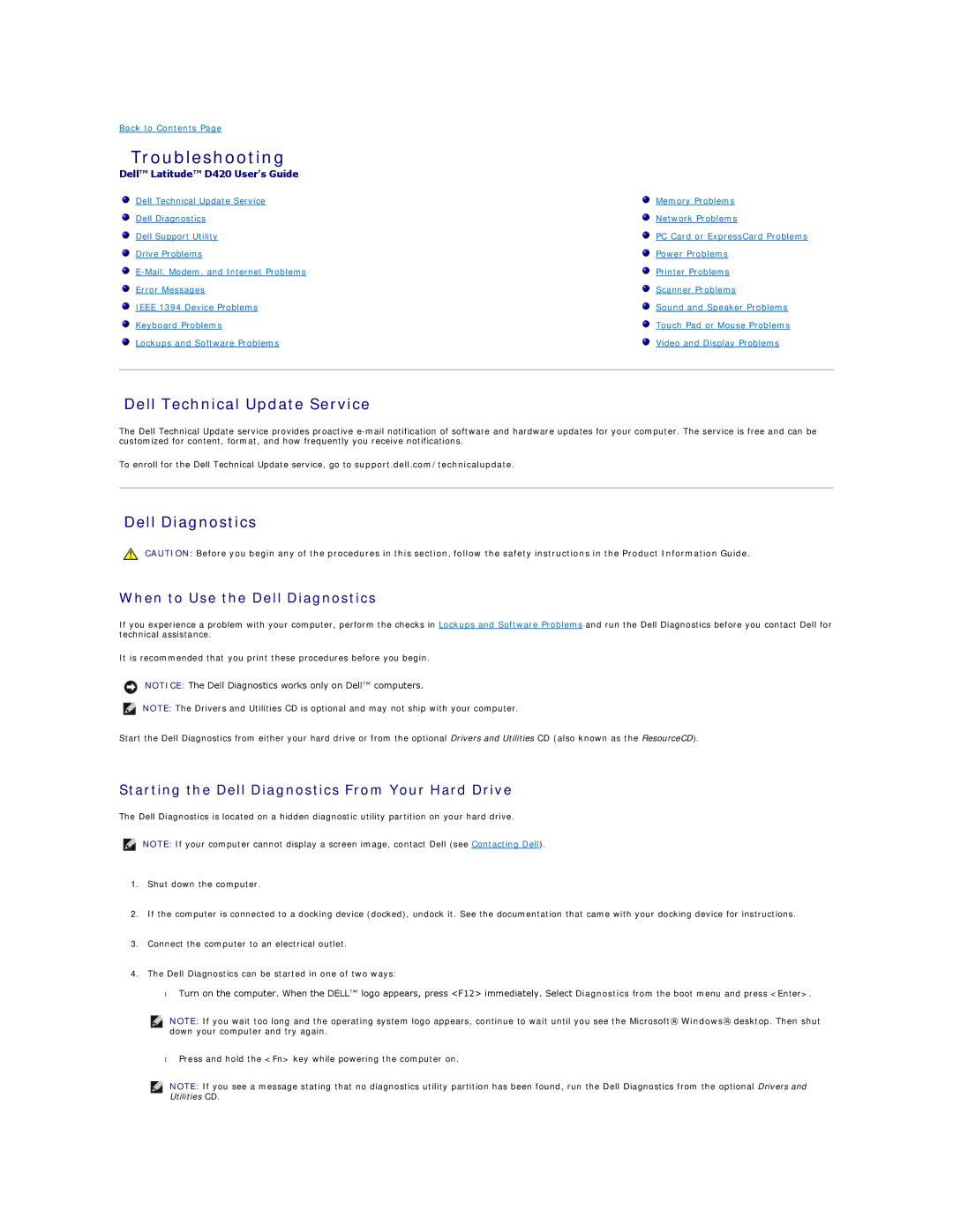 Dell D420 specifications Troubleshooting, Dell Technical Update Service, When to Use the Dell Diagnostics 