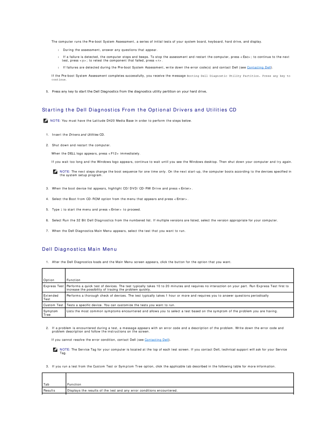 Dell D420 specifications Dell Diagnostics Main Menu, Option Function 