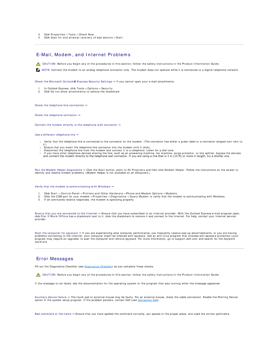 Dell D420 Mail, Modem, and Internet Problems, Error Messages, Verify that the modem is communicating with Windows 