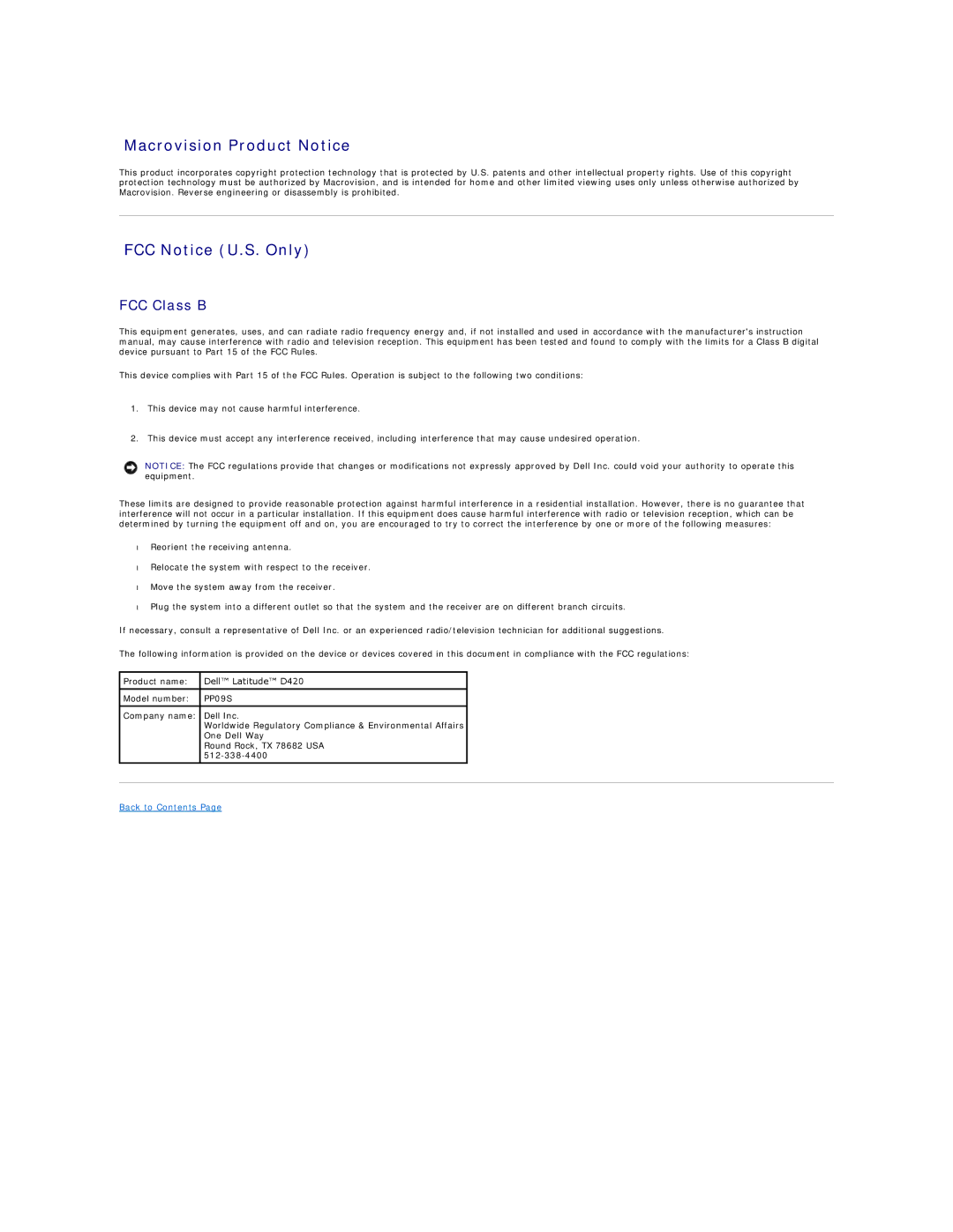 Dell D420 specifications Macrovision Product Notice, FCC Notice U.S. Only, FCC Class B 