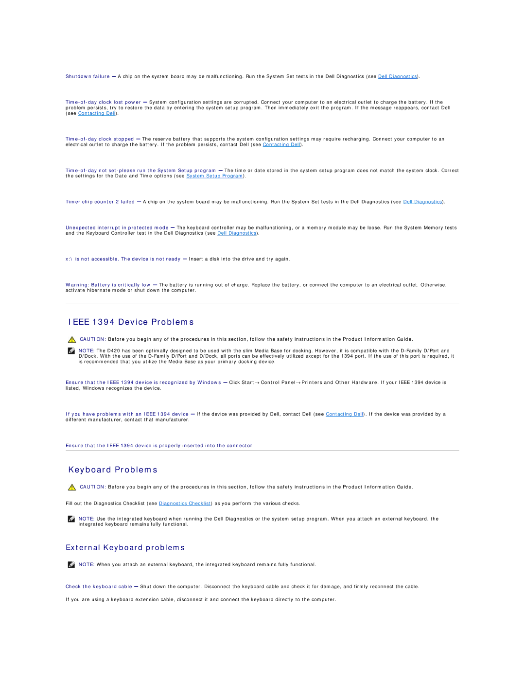 Dell D420 specifications Ieee 1394 Device Problems, Keyboard Problems, External Keyboard problems 