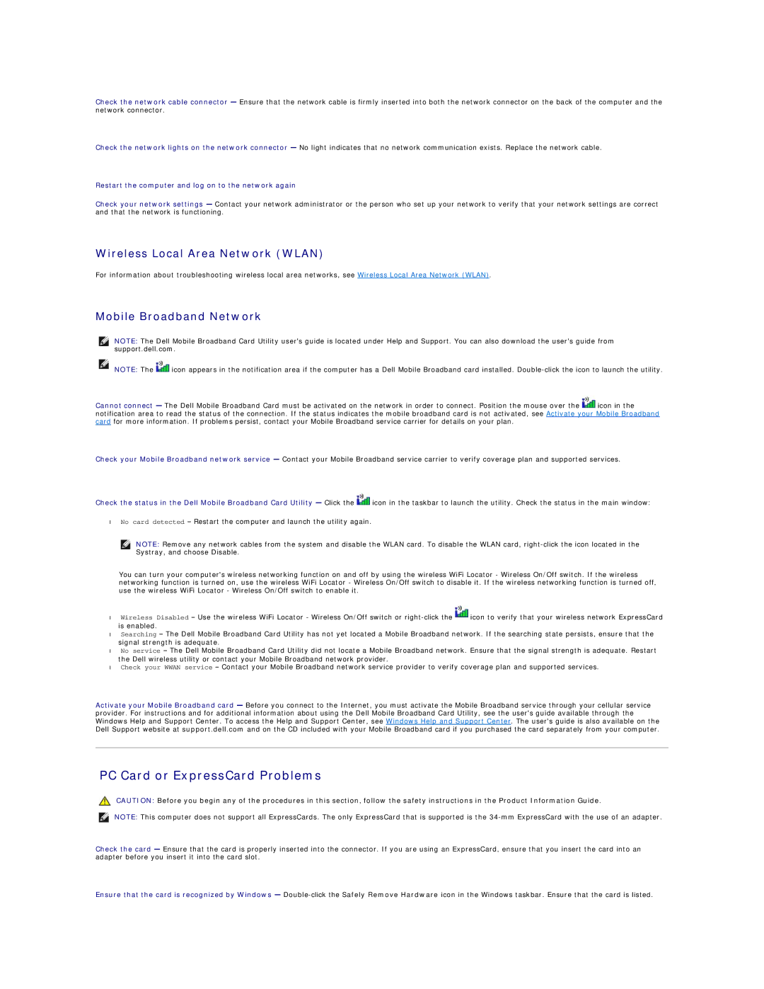 Dell D420 specifications PC Card or ExpressCard Problems, Wireless Local Area Network Wlan, Mobile Broadband Network 