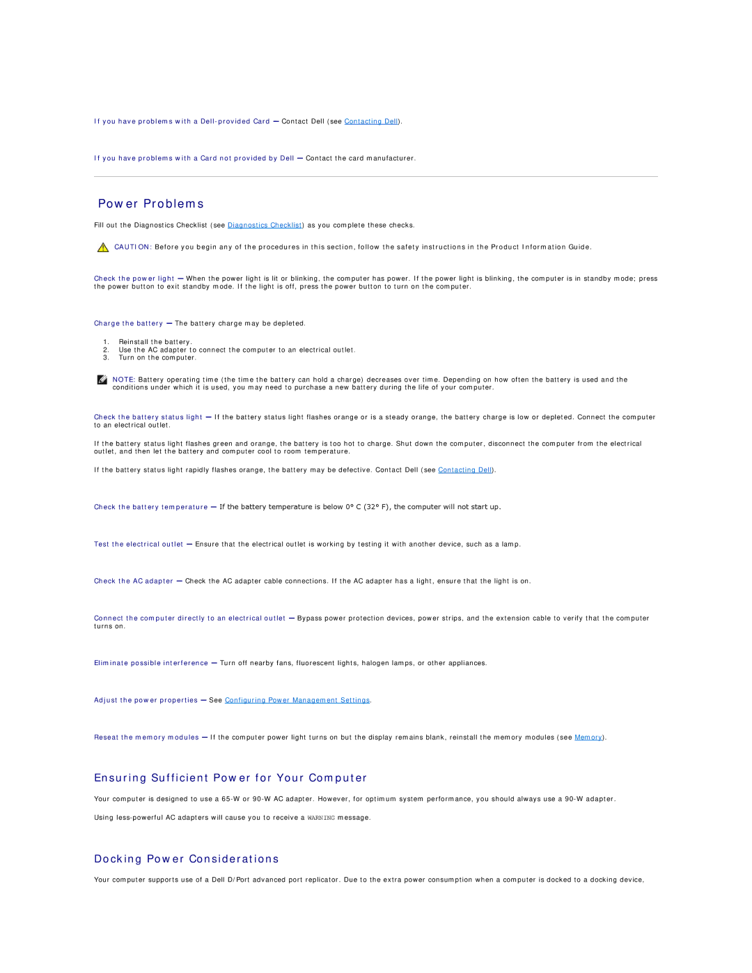 Dell D420 specifications Power Problems, Ensuring Sufficient Power for Your Computer, Docking Power Considerations 
