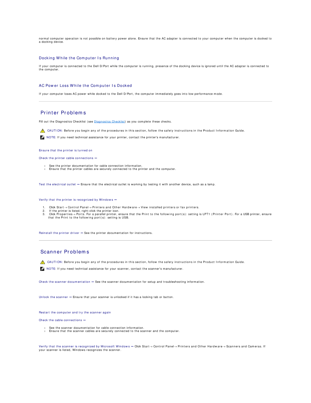 Dell D420 specifications Printer Problems, Scanner Problems, Docking While the Computer Is Running 