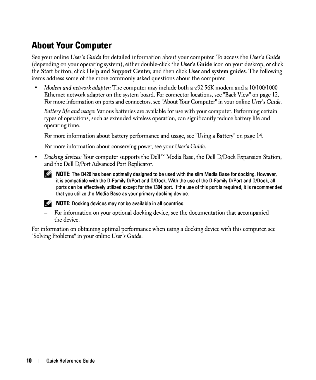 Dell D420 manual About Your Computer 
