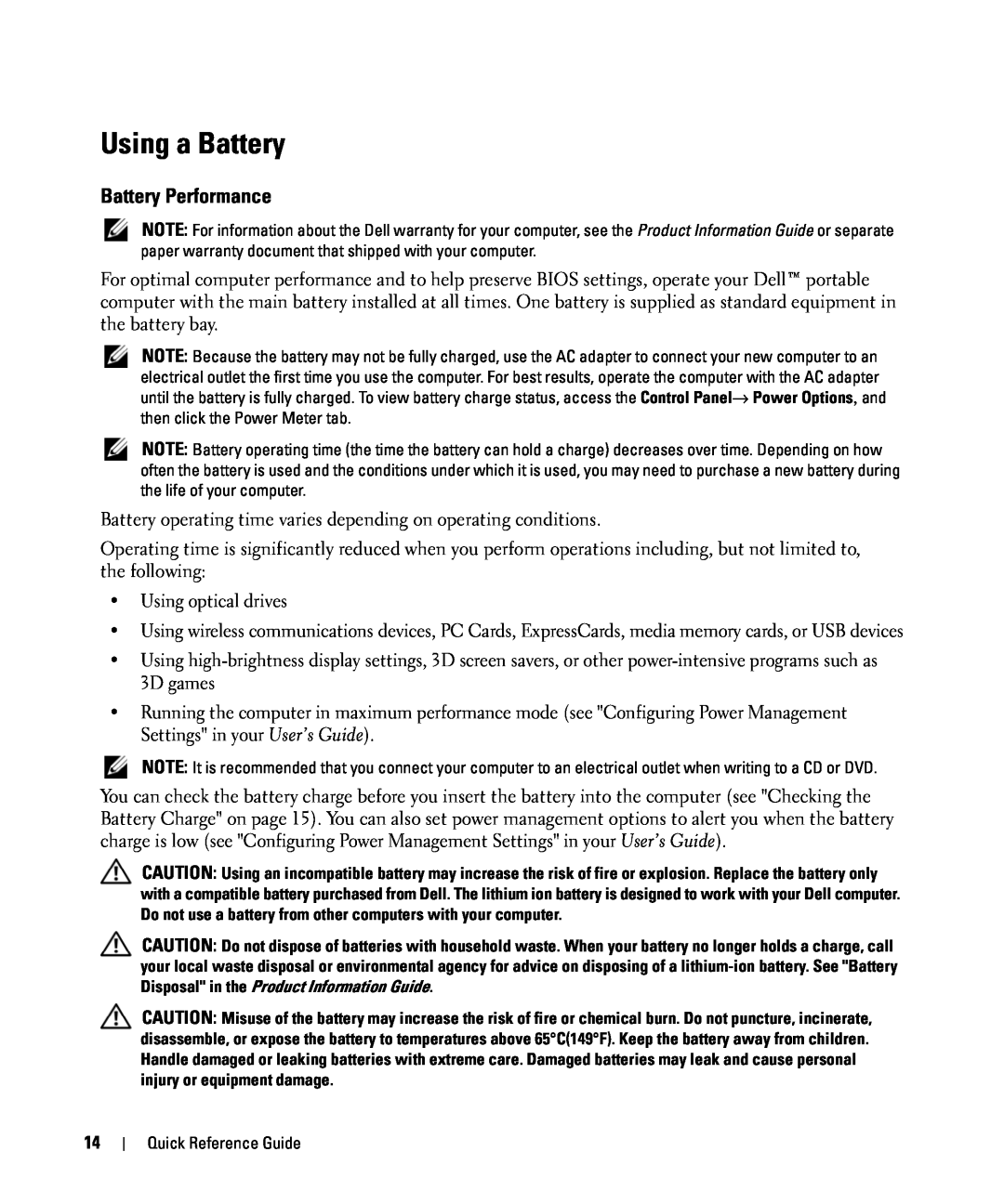 Dell D420 manual Using a Battery, Battery Performance 