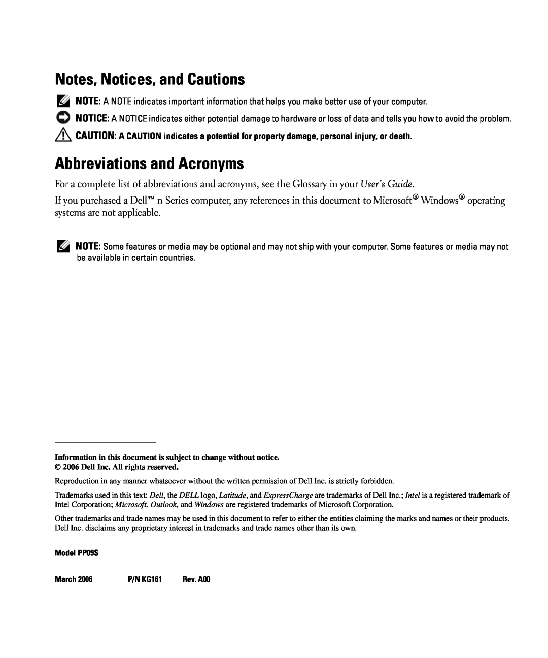 Dell D420 manual Notes, Notices, and Cautions, Abbreviations and Acronyms, Model PP09S, March, P/N KG161 
